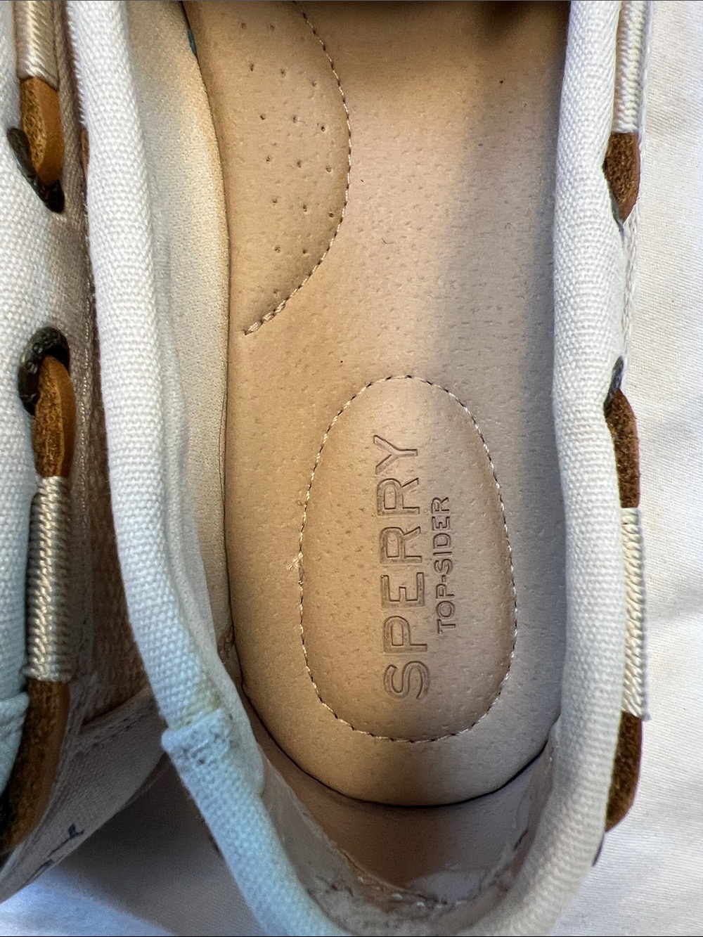 Sperry Women's Light Beige Canvas Moccasins with Brown Laces - Picture 6 of 9